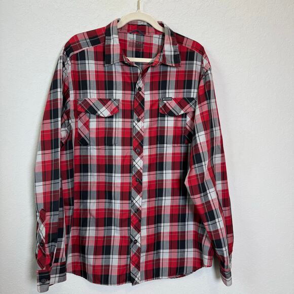 Men's Columbia Red White Black Plaid Button Down Long Sleeve Size L - Picture 1 of 8